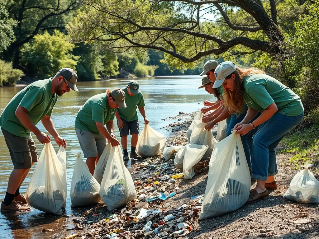 Volunteers participating in a bank cleanup along a river, collecting trash and debris to protect the aquatic environment.