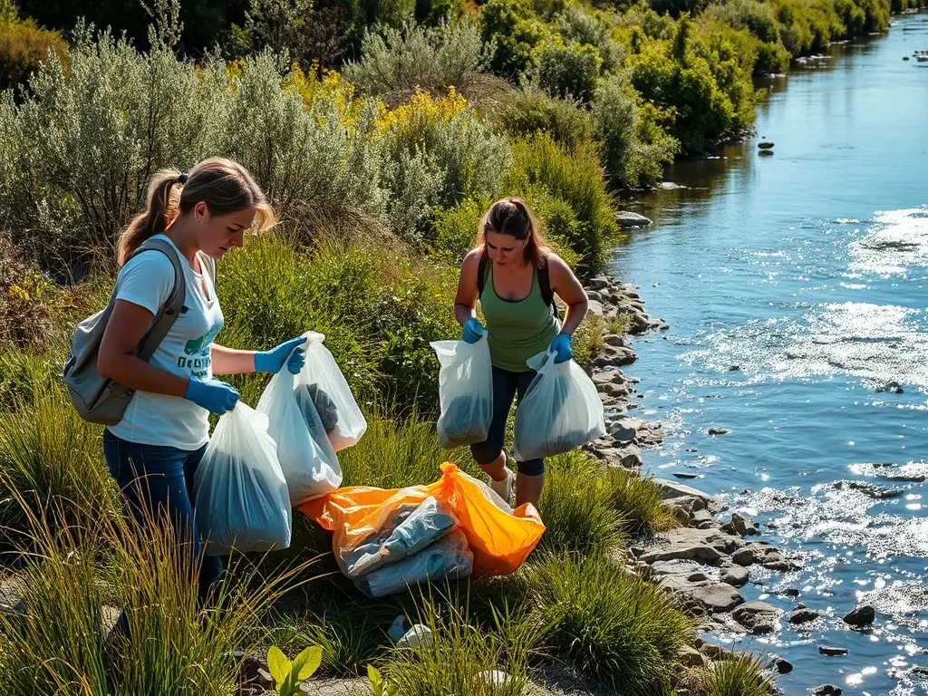 Volunteers cleaning up the banks of a river, collecting trash and debris to protect the freshwater ecosystem.