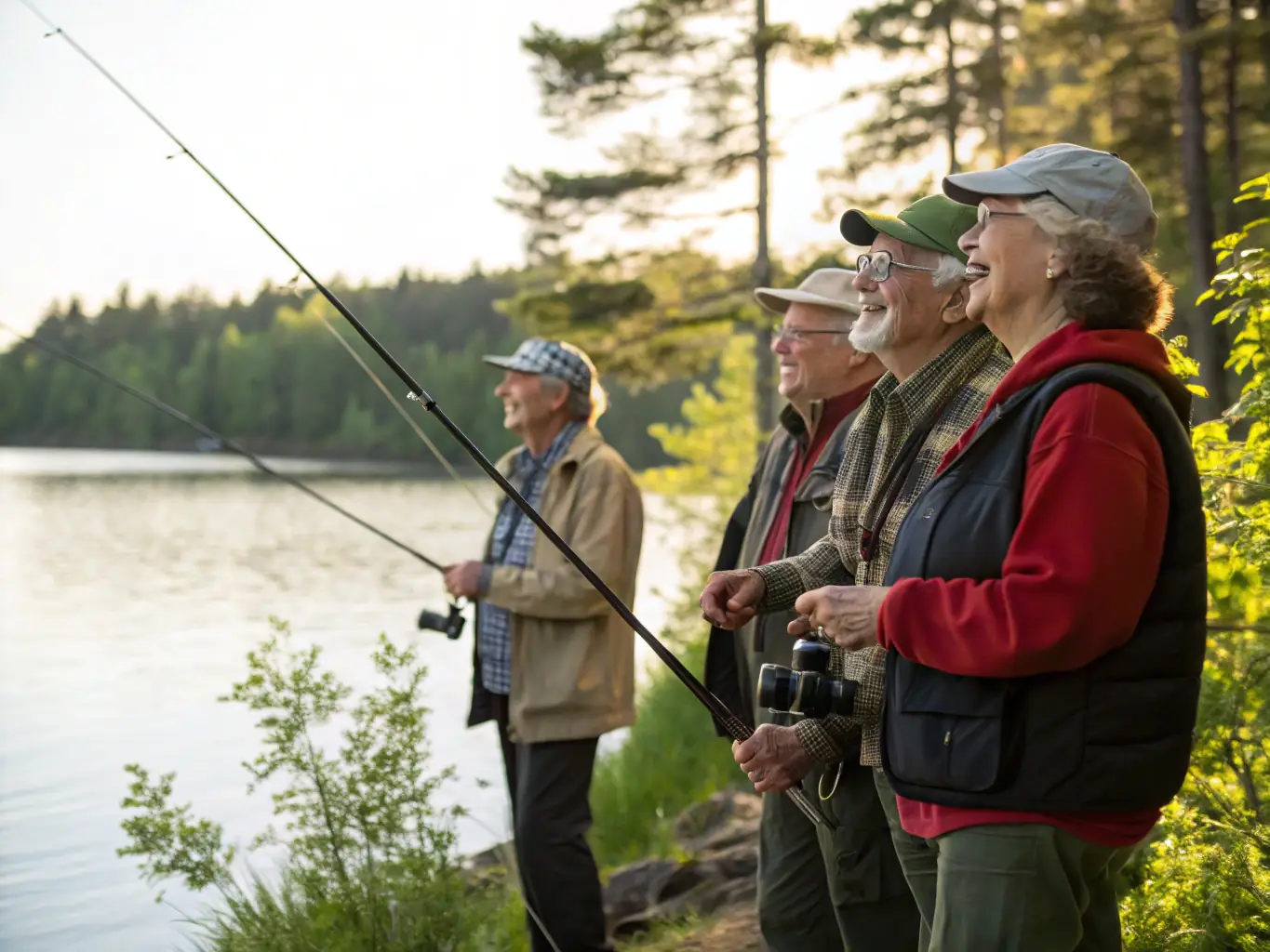 A group of carp fishing enthusiasts participating in a friendly competition on a serene lake, showcasing the camaraderie and excitement of the event.