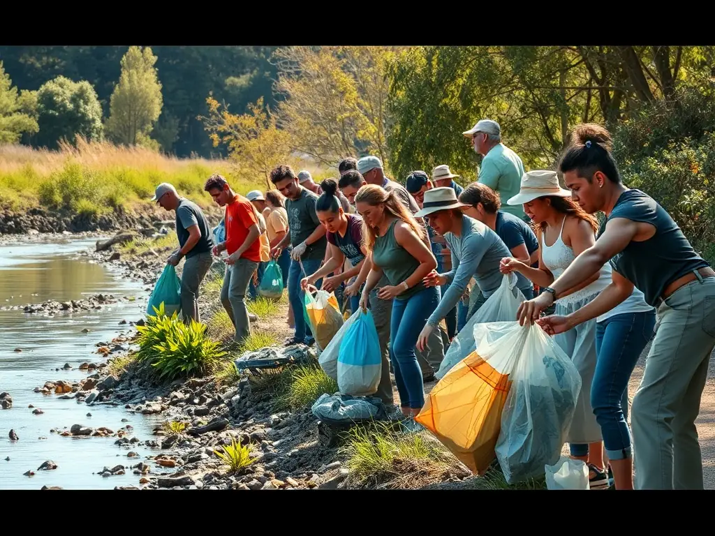 A group of volunteers participating in a bank cleanup activity, removing trash and debris from the shoreline of a lake, with CARP'ISTES GAULOIS banners visible in the background.