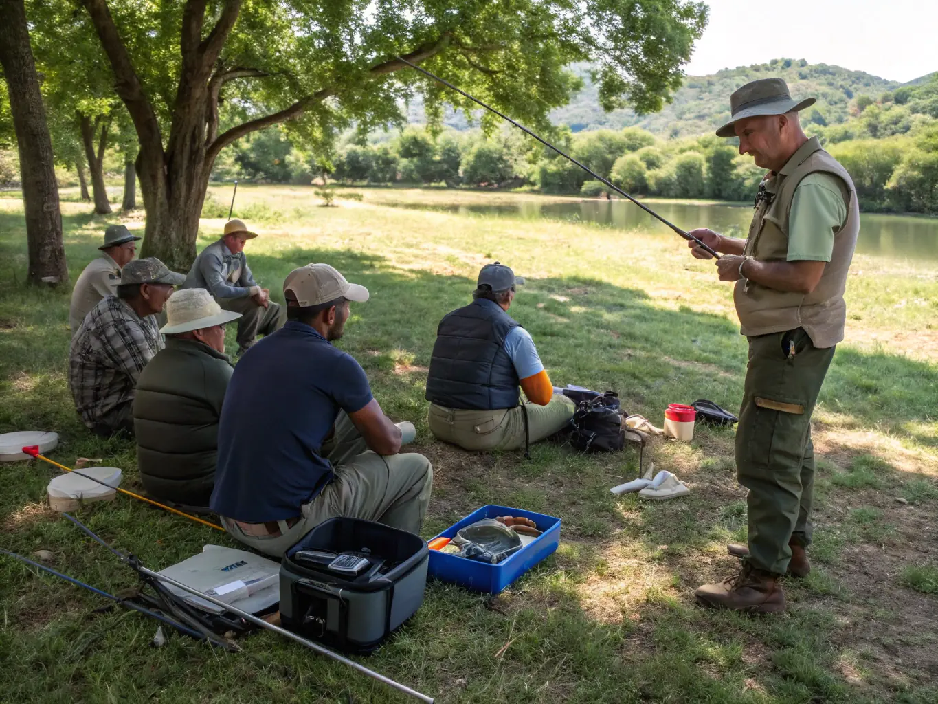 A scene from an educational workshop, showing an instructor demonstrating responsible fishing techniques to a group of attendees, with visual aids and equipment displayed.
